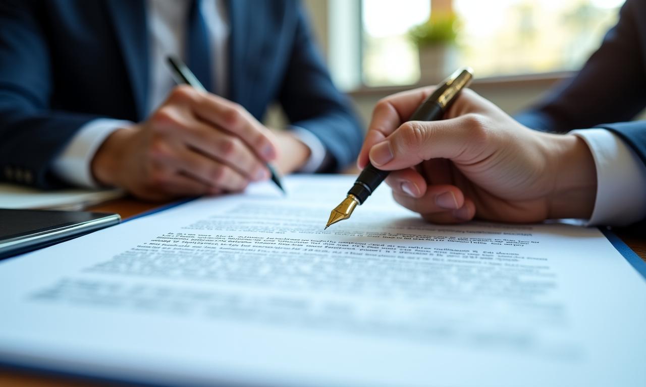 Primer plano de un abogado revisando un contrato detalladamente con un bolígrafo